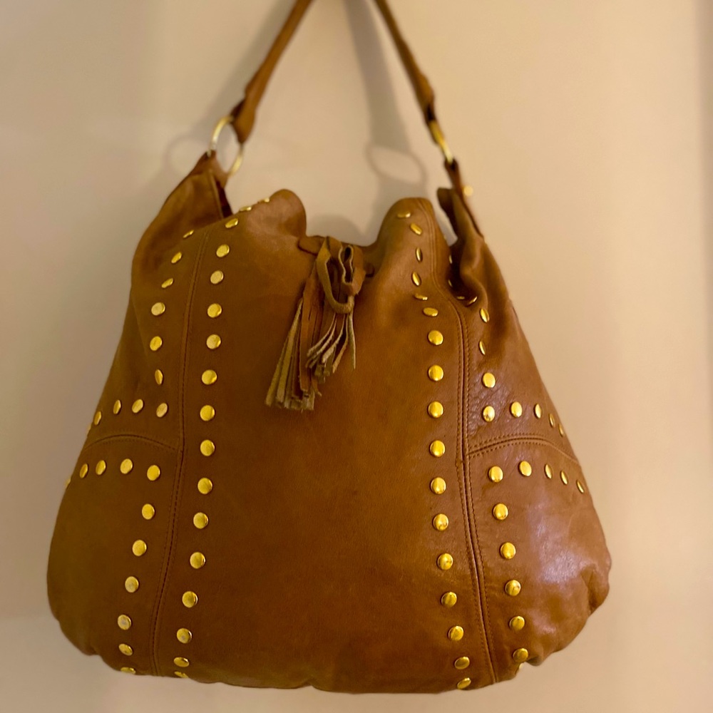 Camel color gold tone studded leather shoulder bag